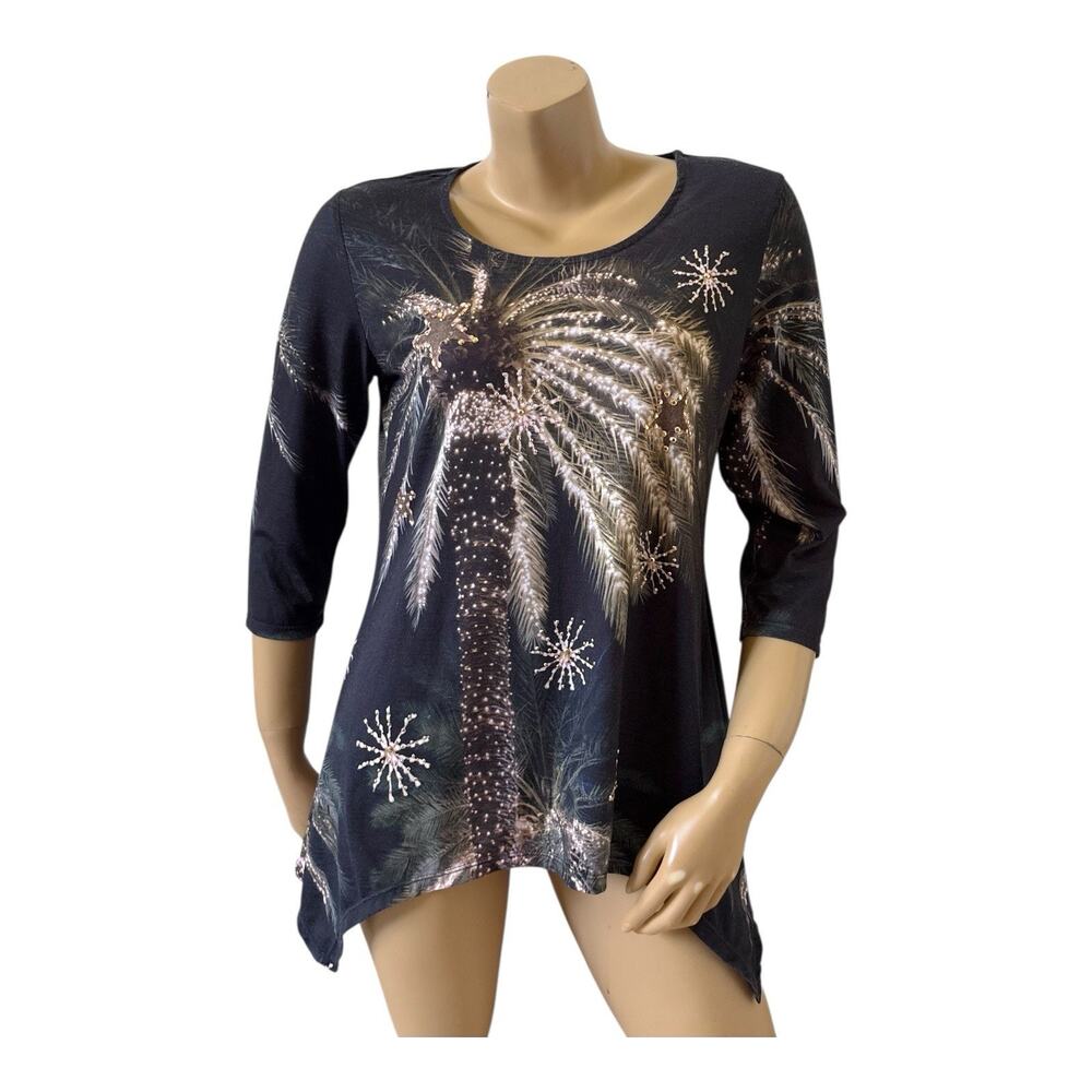Sun Bay Top Womens Petite Small PS Palm Tree Rhinestone UPF 30 Sharkbite Hem